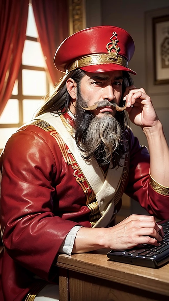 An illustration of Kheireddine Pacha, a male historical figure from Tunisia, with a strong jawline, light to medium complexion, deep-set dark eyes, a prominent nose, (((short well-groomed beard and mustache))), (((wearing a traditional red chechia hat,))), Grand Vizier robes, seated at a modern desk, (((deeply focused on coding on a computer))), (((the background is a blend of traditional Tunisian decor and modern office)))