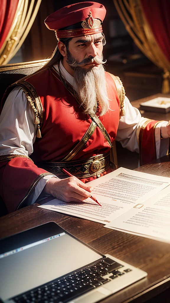 An illustration of Kheireddine Pacha, a male historical figure from Tunisia, with a strong jawline, light to medium complexion, deep-set dark eyes, a prominent nose, (((short well-groomed beard and mustache))), (((wearing a traditional red chechia hat,))), Grand Vizier robes, seated at a modern desk, (((deeply focused on coding on a computer))), (((the background is a blend of traditional Tunisian decor and modern office)))