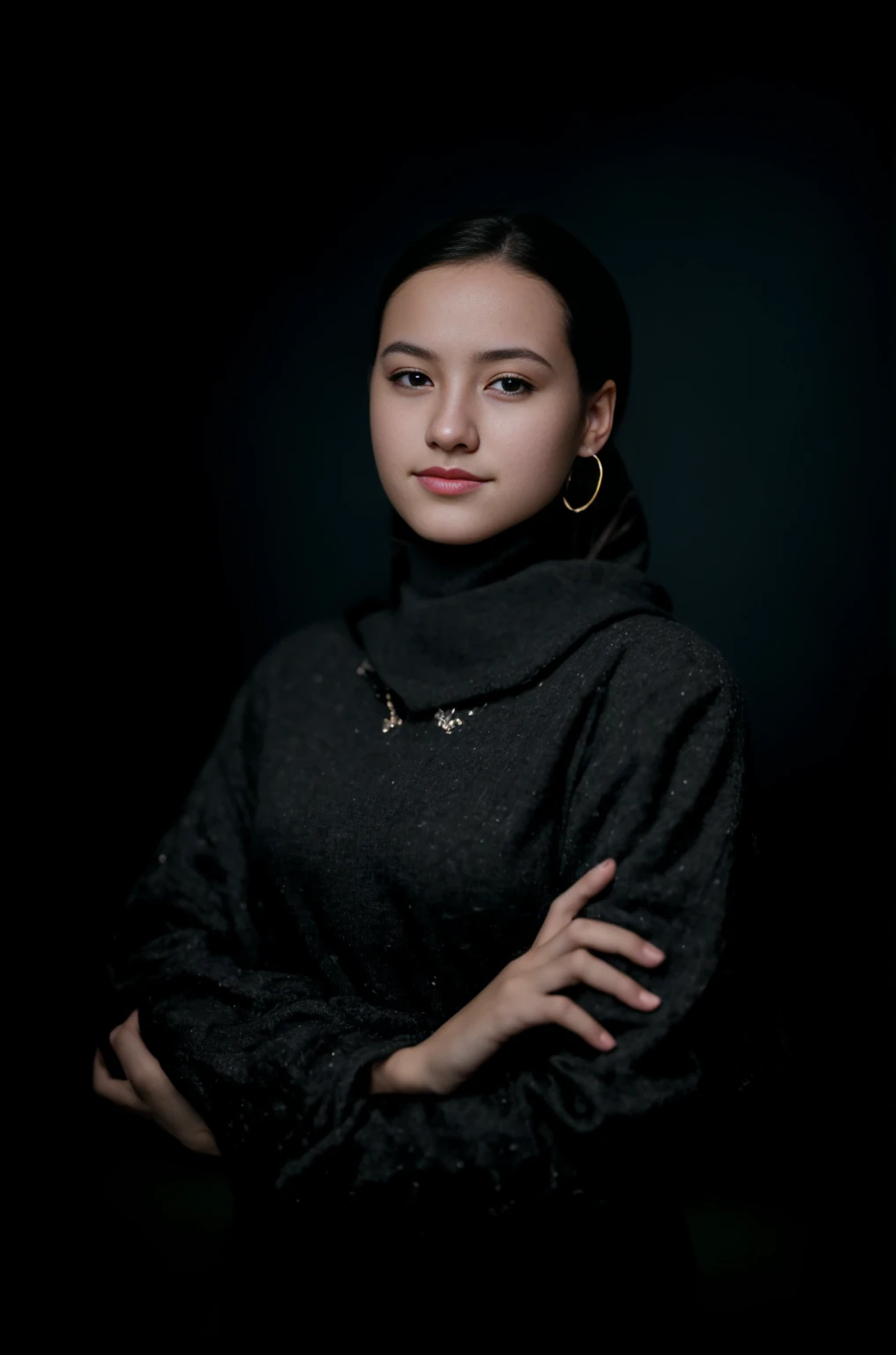 8k, photorealistic, highly detailed, (cinematic:1.3), young girl, beautiful girl, wearing sweater (dark:1.3), (depth of field), bokeh, film grain, wide shot, soft light, dim illumination, looking at camera
