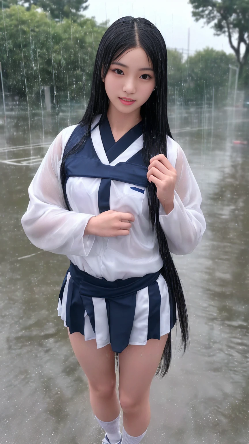 最high quality、high quality、Best image quality、、最High resolution、High resolution、masterpiece、Detailed and realistic human body、Detailed and realistic skin、Realistic face in every detail、Realistic reproduction of every detail、Detailed and realistic lips、Detailed and realistic teeth、Detailed and realistic ears、Detailed and realistic hair、Detailed and realistic weapons、Realistic reproduction of every detail、Realistic fingers in every detail、(Beautiful Hands、thumb1reference4)、Realistic feet down to the last detail、((Beautiful Japanese Girl))、(Japanese Model)、((Cute Japanese Girl))、((Beautiful 18 year old girl))、(Black Hair)、(Straight hair)、(Random Hairstyles)、((Full body video))、((Flat Chest、Small breasts))、(Slim and perfect figure)、(Lustrous skin all over the body、Fair skin)、((Sports uniforms))、((bad weather))、((Pouring rain))、((In the Storm))、((School Playground))、((Pouring rainの中(A girl standing in the center of the schoolyard))、((Pouring rainを浴びて(Soaked skin from head to toe))、((Rain dripping from the skin))、((びしょ濡れのSports uniformsを通して彼女の肌がはっきりと見える))、((びしょ濡れのSports uniforms(肌にピッタリとフィットしたSports uniforms))、((Sports uniformsから滴る雨水))