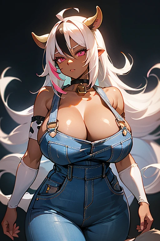 8k_wallpaper, extremely detailed eyes, extremely detailed body, (large masterpiece digital art), (detailed manga illustration), (detailed line art), ((perfect anatomy)), (intricate details:1.3), (ultra-detailed:1.3), (illustration:1.3), (sharp focus:1.3), (natural lighting:1.05), (vivid colors:1.3), (masterpiece), (best quality:1.4), (perfect anatomy:1.4), high quality, expressive eyes, full body, tall girl, detailed face, beautiful face, perfect face, detailed ((white hair)), (black hair), (pink eyes), {{dark skin}}, ({dark skinned female}), cow girl, gigantic breasts, thick thighs, very long hair, bare shoulders, denim, (blue overalls), overalls, dynamic lighting, cow print, high resolution, 4k resolution, dynamic pose, silver jewelry, {fantasy farm background}, choker, (cow ears), {{cow tail}}, (tail), ((streaked hair)), wide hips, thighhighs, horns, {cow horns}, animal ears, skin dentation, curvy, plump,