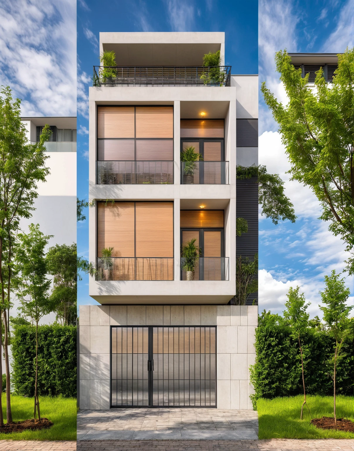 Masterpiece, high quality, best quality, authentic, super detail, outdoors, house style modern, bietthuhn, white wall, glass windows, gate road, pavement, grass, trees, Beautiful_sky, SUNSET, (day:1.1), realistic lighting
