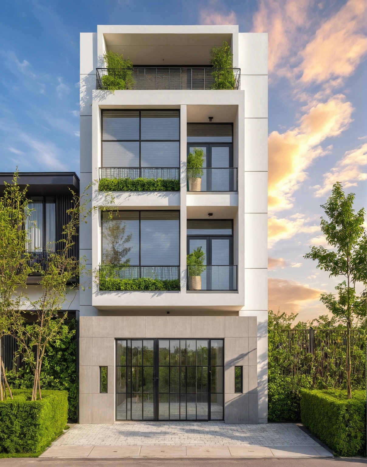 Masterpiece, high quality, best quality, authentic, super detail, outdoors, house style modern, bietthuhn, white wall, glass windows, gate road, pavement, grass, trees, Beautiful_sky, SUNSET, (day:1.1), realistic lighting