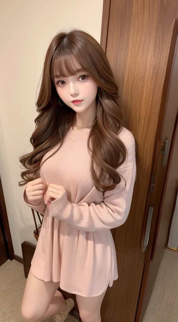 Full Body Shot、Autumn and winter sweet casual hairstyle portrait。Her hair color is caramel brown.、Straight bangs and natural wave styling。rose pink lips and gold eyeshadow、Creates a pleasant and sweet atmosphere。