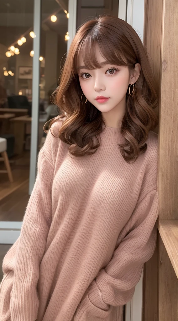 Full Body Shot、Autumn and winter sweet casual hairstyle portrait。Her hair color is caramel brown.、Straight bangs and natural wave styling。rose pink lips and gold eyeshadow、Creates a pleasant and sweet atmosphere。