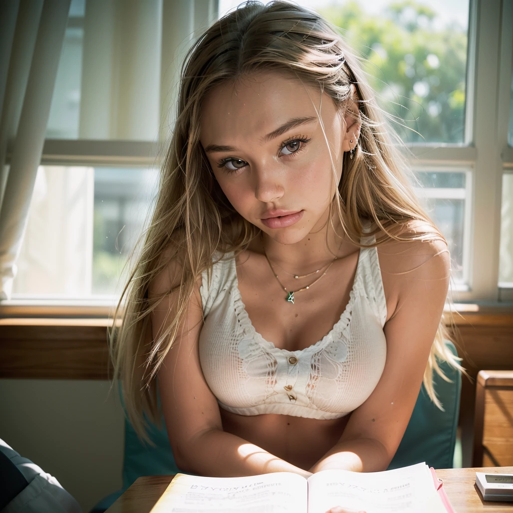 Realistic photo of a beautiful 18 year old (((ALEXIS-REN))), (best quality,ultra-detailed,realistic:1.2),beautiful detailed eyes,beautiful detailed lips, blonde hair, student, classroom, learning,  sitting at desk, books, teacher, pencil 