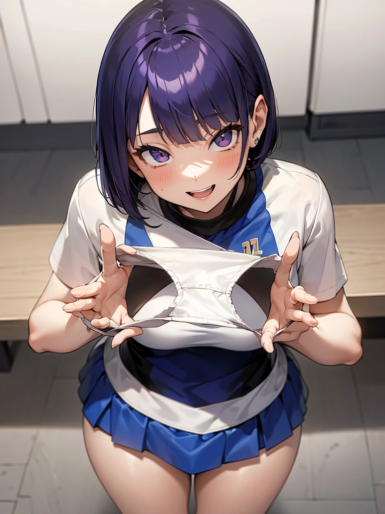 1girl,
indoor, lockerroom,
short bob hair, purple hair, BREAK,
volleyball uniform,
Looking down,Look at the viewer,from a ,From below,low angle shot,{{{from below:2.0}}},
Presenting Panties,
masutepiece, Best Quality, , absurderes, Perfect Skin, Detailed skin texture, ultra-detailliert, 8K, Intricate details, beautifull detailed face,hight resolution,
 {{{shaded face}}}, mock, smile big, happy smile, open mouth, looking down at viewer, masterpiece,absurderes, beautiful detailed face