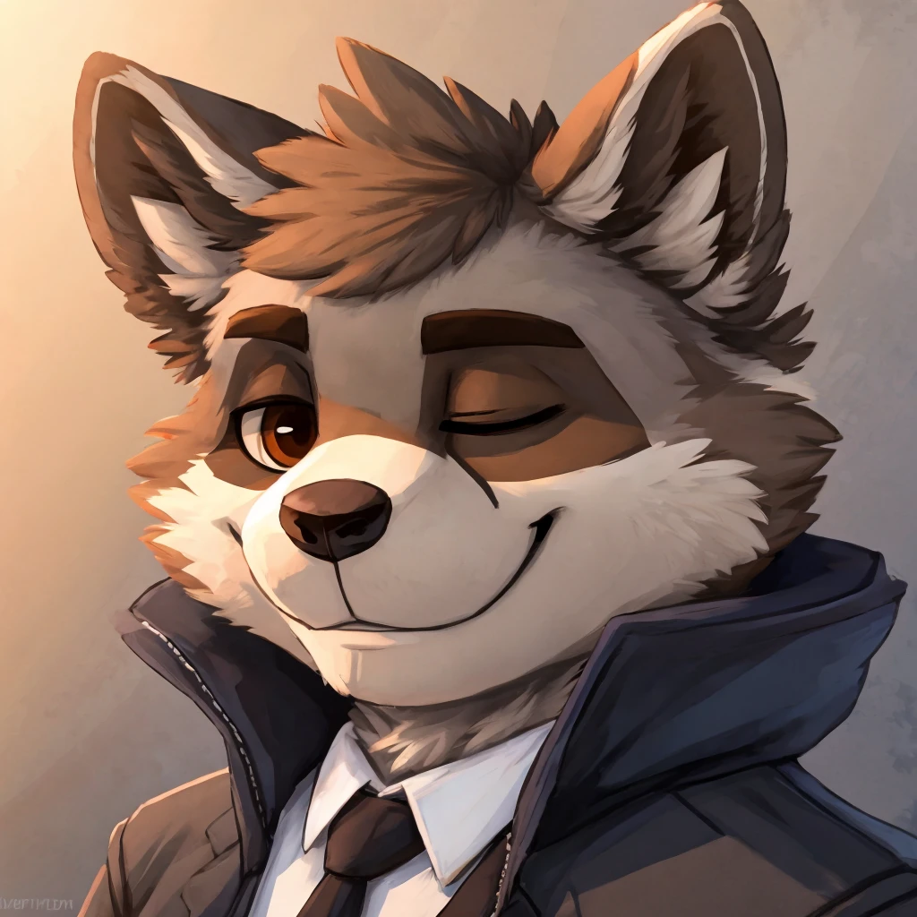 headshot of a grey anthropomorphic raccoon, brown eyes, closed smile, he's dressed with a jacket, high quality furry art, high quality fursona ref.