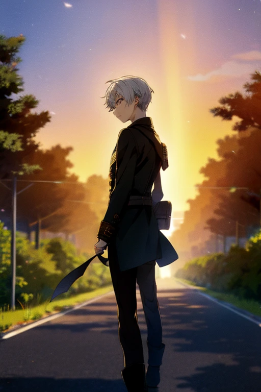 Anime Style。The protagonist walks alone along a quiet road at night。He gazes anxiously into the distance,、The warm memories in his heart light his path.。In the Dark、A ray of light shows him the way。 