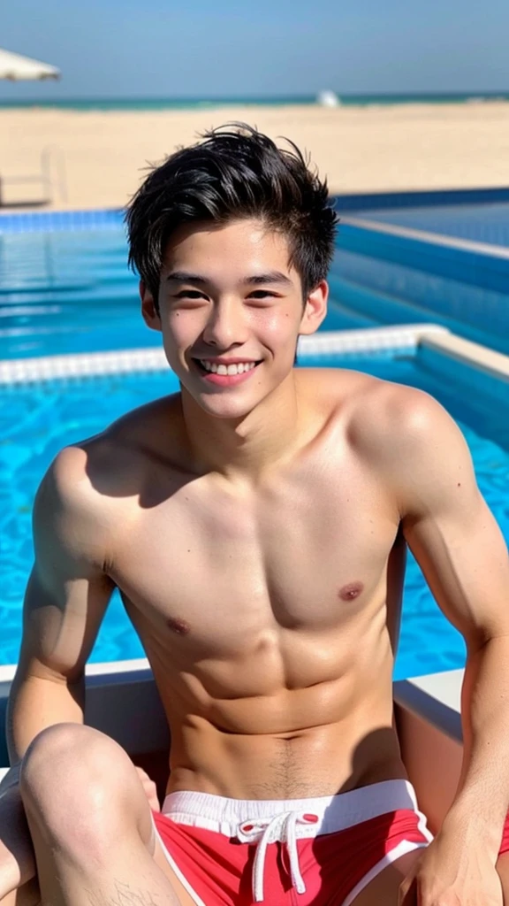 male Age 29 swimwear lifeguard topless smile