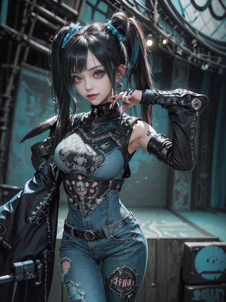 (Full Body View:1.4)、(Full body:1.3)、(Smiling with teeth showing:1.3),(Shibuya Gal:1.5)、(Gothic ta style fashion:1.5)、(Punk RockVisual Kei:1.5)、(Wearing a rhythmic gymnastics bodysuit with intricate details:1.4)、(Racing suit and pants with intricate turquoise, denim and charcoal decorations:1.5)、(Denim and light blue and turquoise boots:1.3)、((belt))、(Numerous delicate logo marks all over the costume:1.4)、(collar:1.3)、(Polka dot underwear:1.5)、20-year-old、NSFW、((Highest quality、In 8K、masterpiece:1.3))、Sharp focus:1.2、(Layered Cut、Huge boobs:1.1),Beautiful woman with perfect figure:1.4、(do a gravure pose:1.3)、Slender Abs:1.2、Highly detailed face and skin texture、Detailed eyes、double eyelid,(Twin tails:1.3)、(Black brown hair:1.3)、Gravure idol、(The background is the stage of the fashion show:1.3)、(Slim body:1.3),(Make your legs thinner:1.4),(clavicle:1.1)