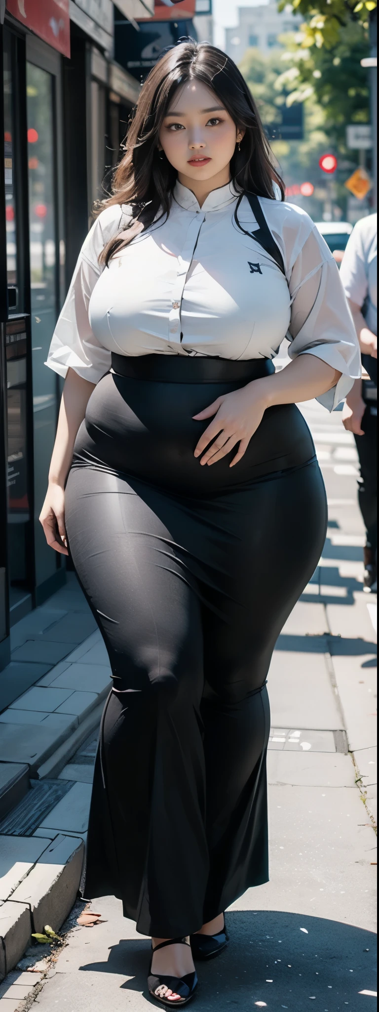 ((best quality)), ((masterpiece)), (detailed), malay woman, perfect face, araffe woman in a dark-black gamis walking down a street, thicc, she has a jiggly fat round belly, bbwchan, wearing tight simple clothes, skinny waist and thick hips, widest hips, her belly is fat and round, soft curvy shape, hyperrealistic full figure, wearing gamis , wide hips