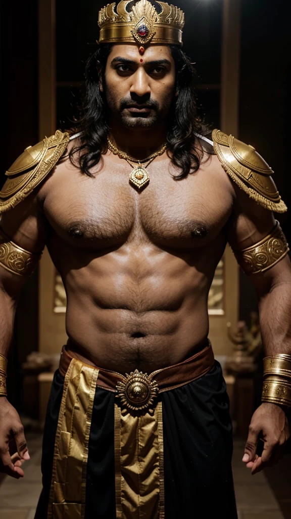 Malayalam actor Prithviraj Sukumaran, with his chiseled features and intense gaze, brings to life the character of Karnan, the powerful warrior from the Mahabharata. He wears a regal costume, adorned with armor and a golden crown, symbolizing Karnan's status as the king of Anga. His expression exudes a sense of pride, honor, and determination, reflecting Karnan's complex and multifaceted personality.