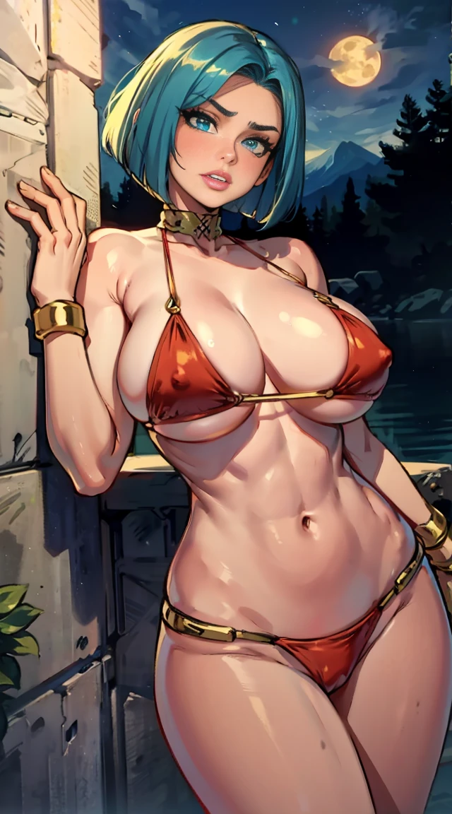 Waifu, masterpiece, curvy, breasts, moon, full moon, gloves, 1girl, clenched teeth, bulma, cleavage, large breasts, teeth, ((aqua hair)), ((red bikini:1.3)), blue eyes, rating:explicit,rule34, hardcore, ,clenched hands, night, sky, ((golden bangles:1.4)), (white skin:1.5), bare shoulders, blue hair, clenched hand, rating:questionable, ((long bob:1.5)), belt, solo, angry, lip biting(gigantic and massive tits:1.1), breasts, official illustration, illustration, detailed face, beautiful intricate eyes, curvy milf, 1:2), titsnipples