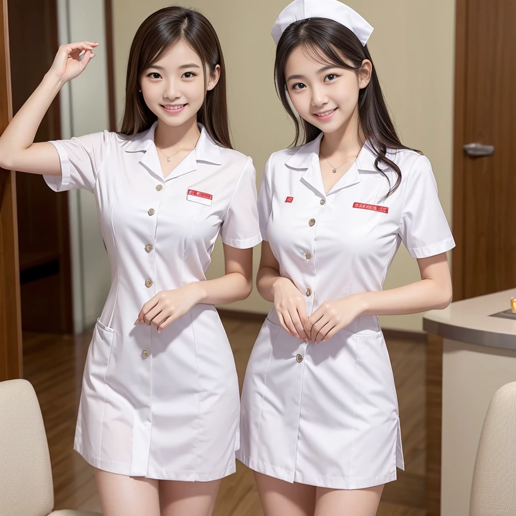 Two beautiful women、 、Upper Body、Waist、thigh、White panties、Standing pose、Lady、80mm lens、Highest quality、Small breasts、Small Breasts、Are thin、Luxury、smile、Reception、Nurse uniform、Two Nurses
