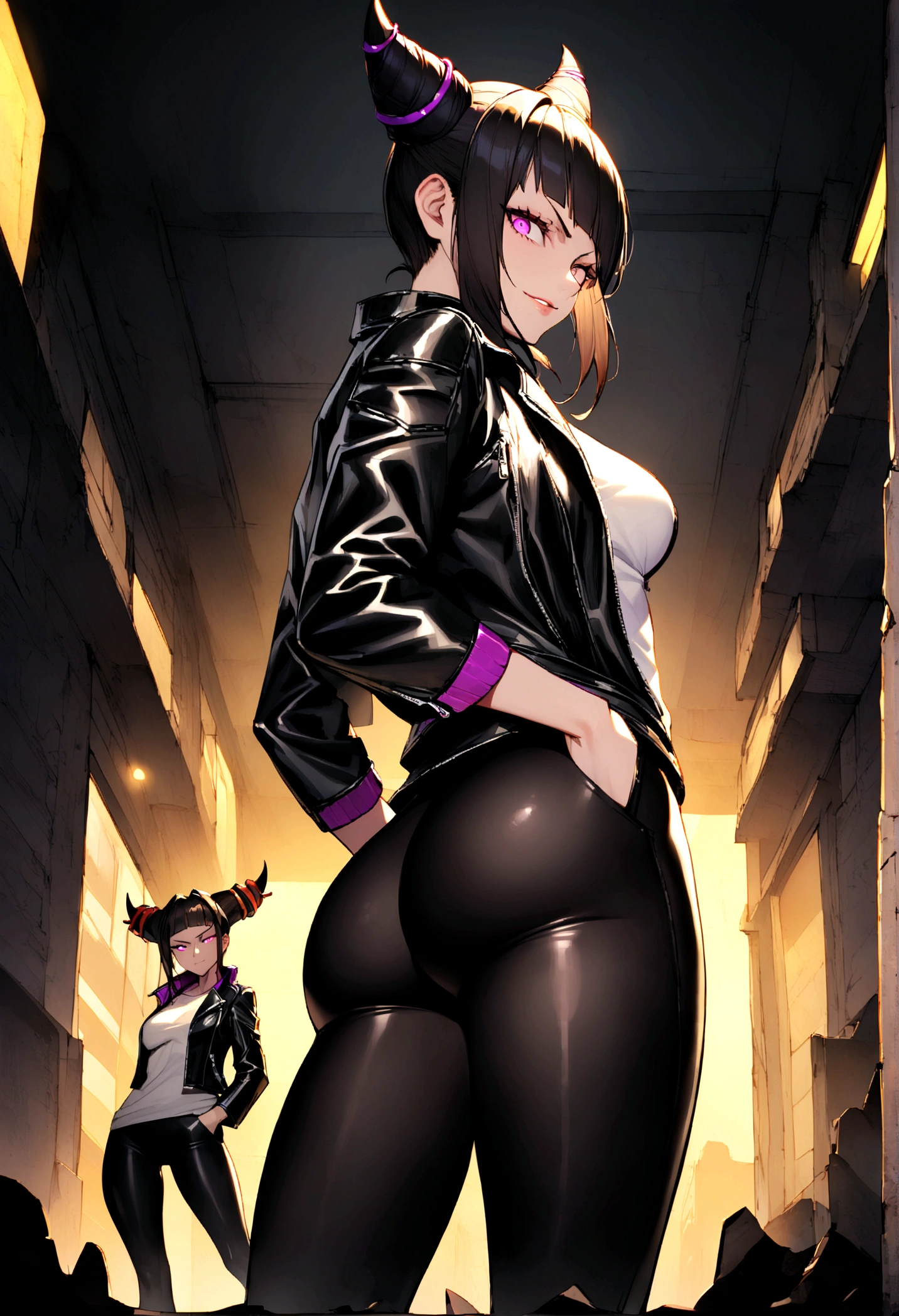looking back,juri han,standing with your back to the viewer,beautiful young warrior , with a very detailed and beautiful face, beautifuleyes, beautifuleyes, gorgeous face, glowing purple eyes,beautiful young woman wearing long black leggings with black details, usando leather jacket preta, Standing in an office, wearing black boots, horn hair, with black fringe, , evil smile ,white sweater with strap around, serious look,usando leather jacket preto, leather jacket,yellow lighting, evil smile,leggings,hands in pocket,beautiful ass detailed