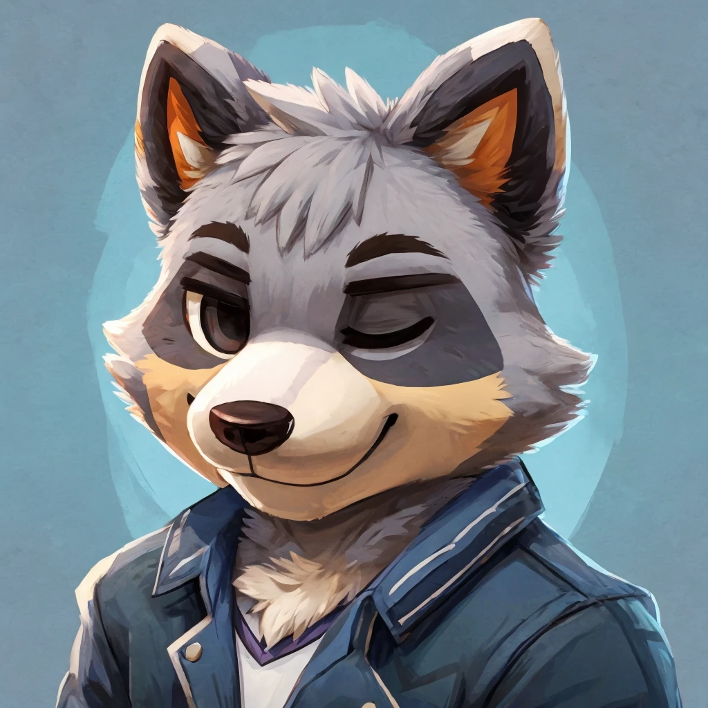 headshot of a grey anthropomorphic raccoon, animal crossing style, closed smile, he's dressed with a jacket, high quality furry art, high quality fursona ref.