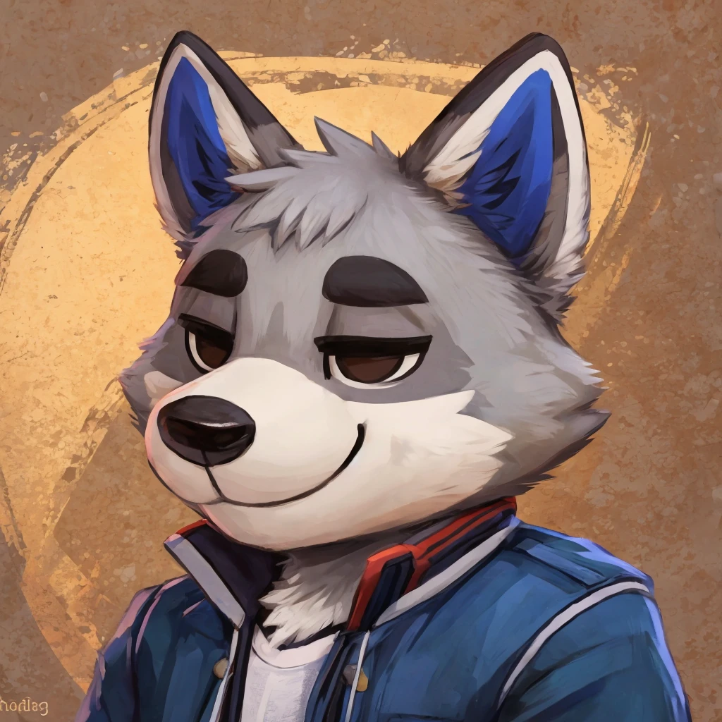 headshot of a grey anthropomorphic raccoon, animal crossing style, closed smile, he's dressed with a jacket, high quality furry art, high quality fursona ref.