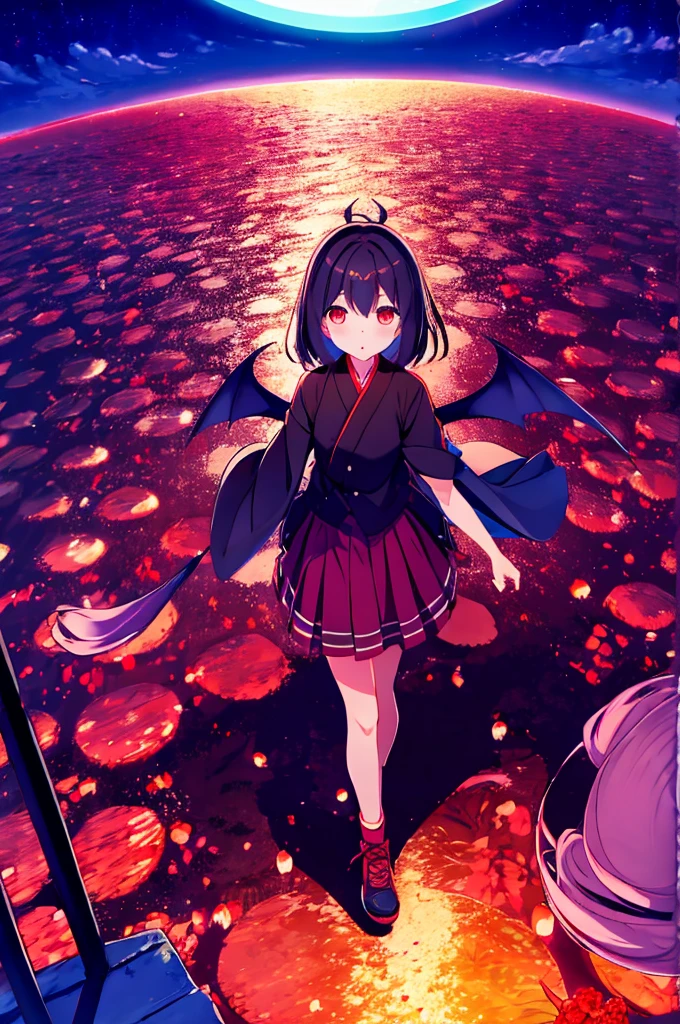 A girl walks in the dead of night。A huge bat rushed from above。Rainbow at night。Red Moon