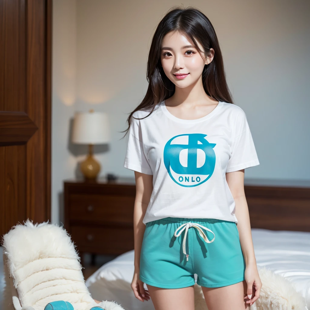 one woman, a beautiful japanese woman, long black hair, detailed face, beautiful eyes, nose, lips, perfect skin, natural smile, model body type, standing full body shot, ((Oversized white graphic t-shirt, pastel blue cotton shorts, fluffy slippers)), (best quality,4K,8K,highres,masterpiece:1.2),　in the room:1.3, ultra-detailed,(realistic,photorealistic,photo-realistic:1.37),portraits,clean and neat atmosphere,natural lighting,vibrant colors,elegant,graceful,Serene