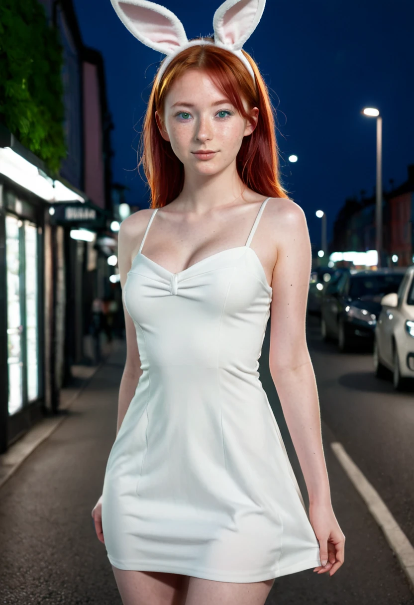 high quality instagram photo, full body of a Scandinavian girl, 20 years old, red hair, sexy, green eyes, freckles, cute face, (large breasts), big ass in a very hot, short, tight white dress, (in topples)s, detailed bunny ears, night street, standing