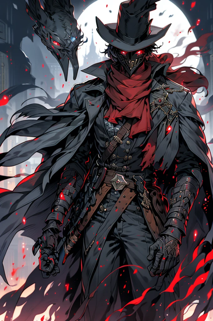 solo, red_eyes, hat, 1boy, holding, jewelry, standing, weapon, male_focus, sword, pants, coat, torn_clothes, fur_trim, black_headwear, mask, capelet, glowing, moon, black_pants, fire, gauntlets, gem, glowing_eyes, black_coat, top_hat