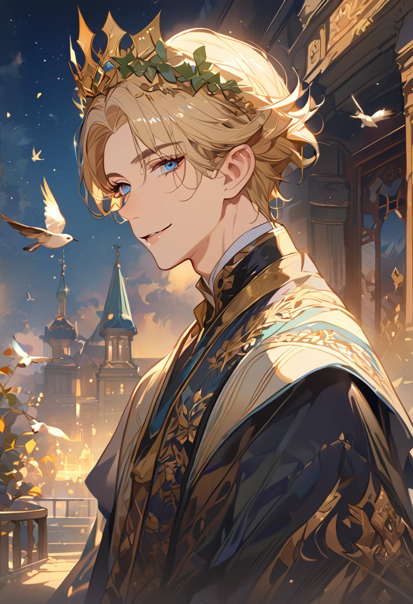 masterpiece, best quality, 8k ,4k , 1male, elf King, Golden Blond, Blue greenish eyes, gold wreath crown, hair ornament, finely detailed eyes and detailed face, looking at viewer, black sleeveless, half robe, patterned clothes, gold embroidery clothes, meticulous clothes, mature clothe, majestic looks, smiling gently, small bird, full body, inspired by Asukaziye artist : ask, art style : ask