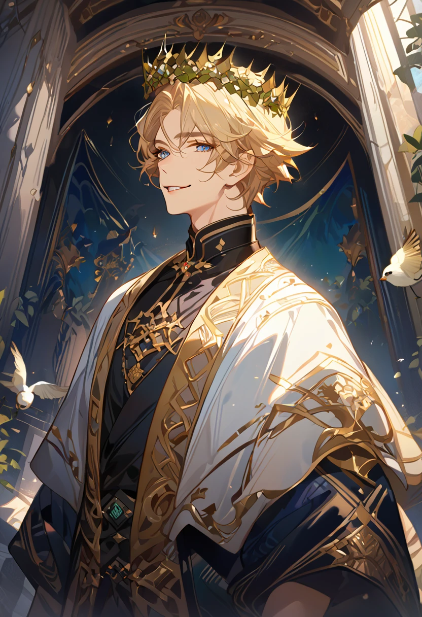 masterpiece, best quality, 8k ,4k , 1male, elf King, Golden Blond, Blue greenish eyes, gold wreath crown, hair ornament, finely detailed eyes and detailed face, looking at viewer, black sleeveless, half robe, patterned clothes, gold embroidery clothes, meticulous clothes, mature clothe, majestic looks, smiling gently, small bird, full body, inspired by Asukaziye artist : ask, art style : ask