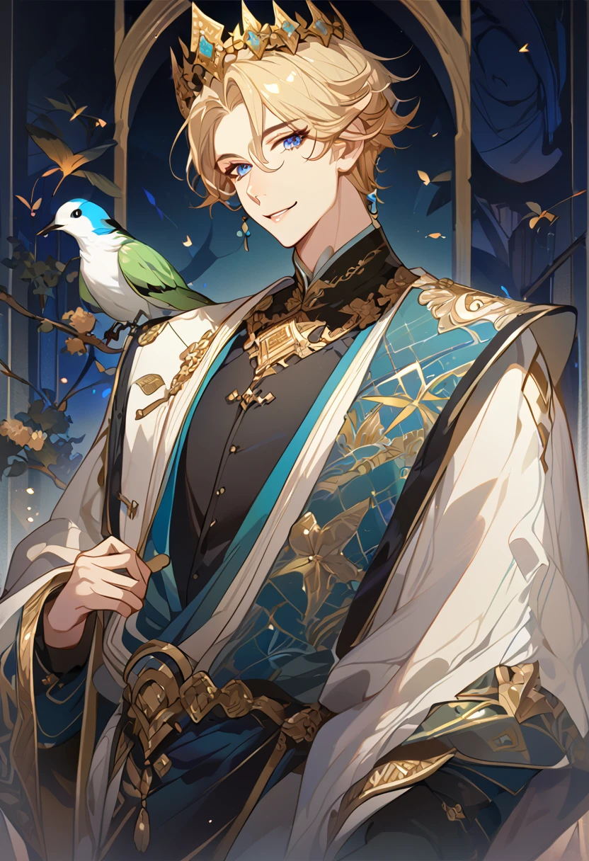 masterpiece, best quality, 8k ,4k , 1male, elf King, Golden Blond, Blue greenish eyes, gold wreath crown, hair ornament, finely detailed eyes and detailed face, looking at viewer, black sleeveless, half robe, patterned clothes, gold embroidery clothes, meticulous clothes, mature clothe, majestic looks, smiling gently, small bird, full body, inspired by Asukaziye artist : ask, art style : ask