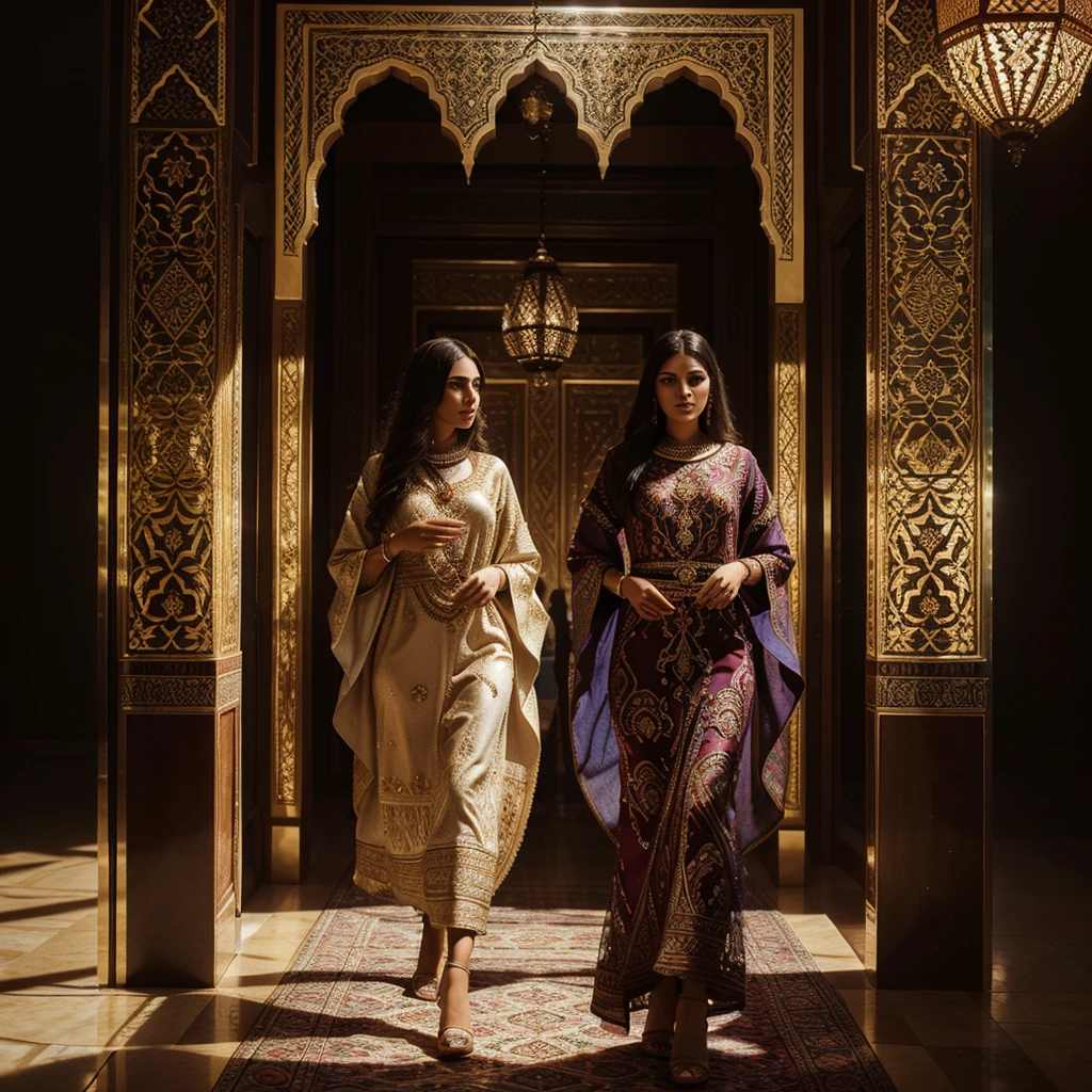 stunning moroccan caftan, high quality, intricate patterns, vibrant colors, flowing fabric, detailed embroidery, ornate design, luxurious materials, elegant silhouette, masterfully crafted, photorealistic, 8k, cinematic lighting, dramatic shadows, warm lighting, rich textures, shimmering embellishments, opulent details, majestic presence, bespoke fashion, cultural heritage, timeless beauty