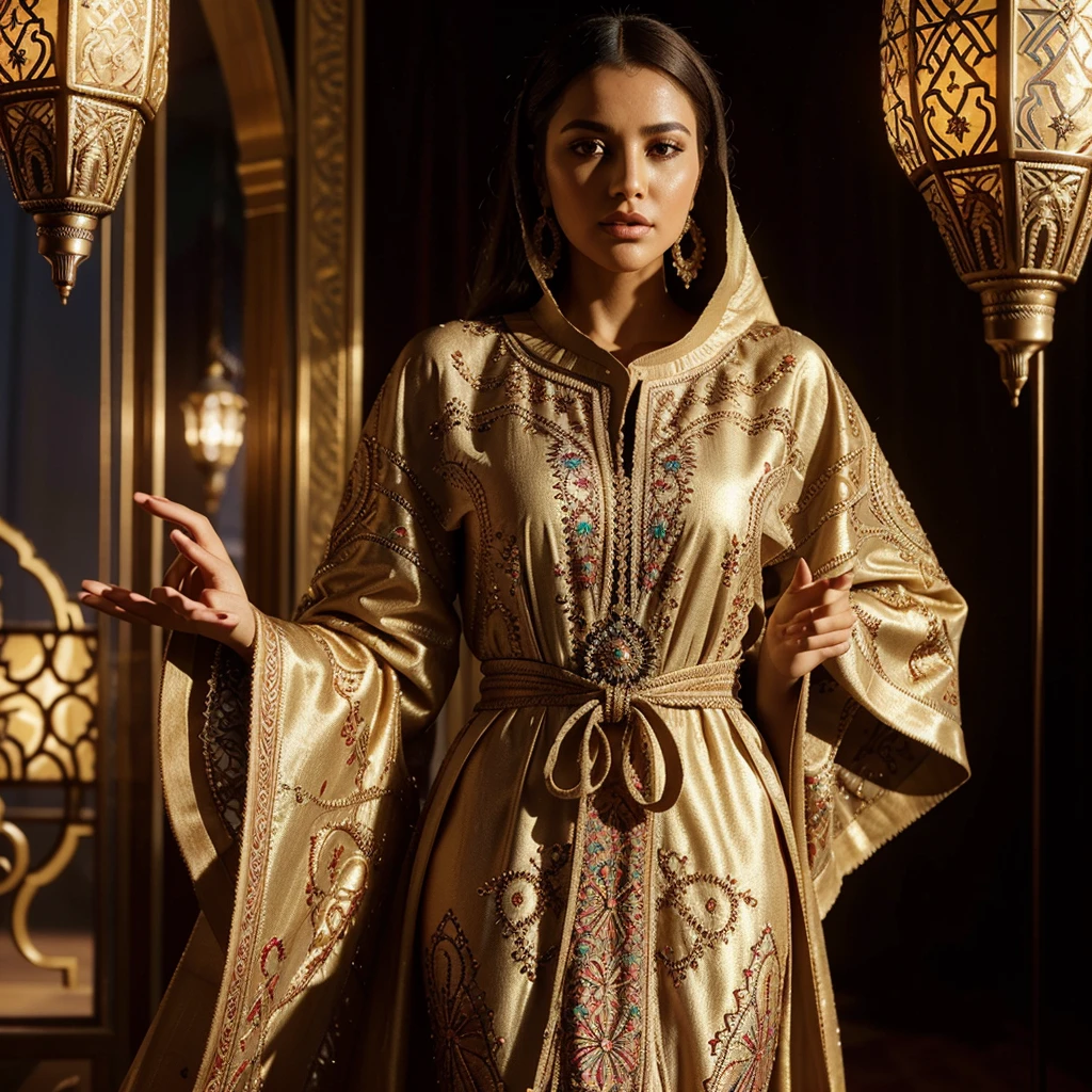 stunning moroccan caftan, high quality, intricate patterns, vibrant colors, flowing fabric, detailed embroidery, ornate design, luxurious materials, elegant silhouette, masterfully crafted, photorealistic, 8k, cinematic lighting, dramatic shadows, warm lighting, rich textures, shimmering embellishments, opulent details, majestic presence, bespoke fashion, cultural heritage, timeless beauty