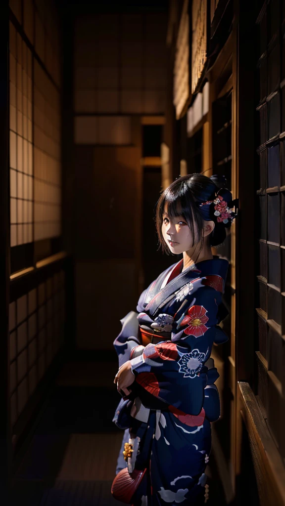 ((masterpiece)、detaileds、Japan Flag、designs、brightened、Cool、neon color)Sightseeing in Japan、A beautiful Yamato caress came for sightseeing。I'm wearing a kimono。Have fun with a smile。