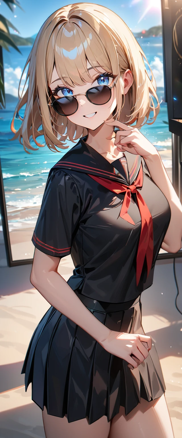 (((One girl))), ((beach)), noon, blond hair, bob cut, breasts, from front, (cowboy shot), standard body, (looking at viewer), ((black serafuku out of skirt)), black skirt, ((red ribbon)), ((sunglasses)), hand to sunglasses, teenager, head tilt:1.3, (((blue eye))), ((happy smile)), anime style, (best quality, 4k, 8k, highres, masterpiece:1.2, ultra-detailed, ultra-detailed eyes, HDR, UHD, studio lighting, ultra-fine painting, sharp focus, physically-based rendering, extreme detail description, professional, vivid colors, bokeh), ((Highest quality, Best image quality, Ultra-high resolution, Ultra-high resolution, solo, Strong eye highlights)), Depth of written boundary, Natural soft light, attractive, Beautiful Face, Cleanliness, Pure Face, nedium chest, Beautiful Face, Perfect Fingers, Perfect hands, Perfect body, Perfect Face, Shine a light into your eyes, Perfect Anatomy