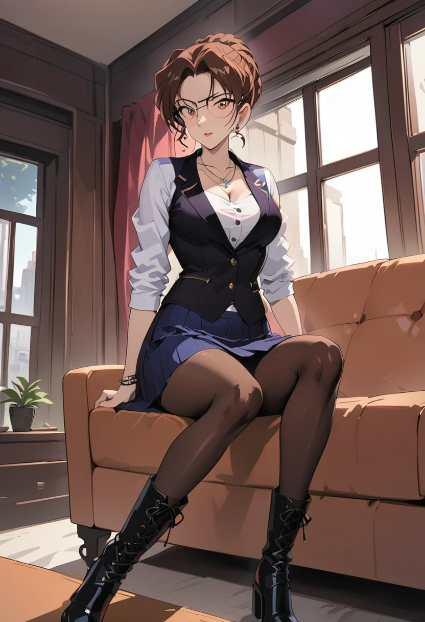 (masterpiece, best quality:1.2), ((Extremely detailed)), high resolution, Anime style , photo, photography, Detailed background,1. Beautiful woman Lei Dianming, (Pantyhose), boots,Cowboy shooting, Looking at the audience,A faint smile, earrings, skirt, Necklace, Vest, Cross your legs, From below, On the sofa, Windows, living room,Anime style，brown，glasses