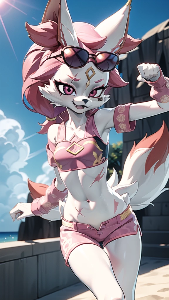 Kimiko Five-Tails, furry female anthro, fox girl, white body fur, pink hair, ((sunglasses, pink shirt and knot in middle, blue shorts)), small breasts, detailed body fur, detailed body, detailed face, detailed eyes, glistering body, shiny body, skinny, :3, multiple tails, multi tail, solo, body fur, (best quality), cinematic lighting, anime style, short ponytail, scar on the eye, 2D, beach, clear sky, solo,