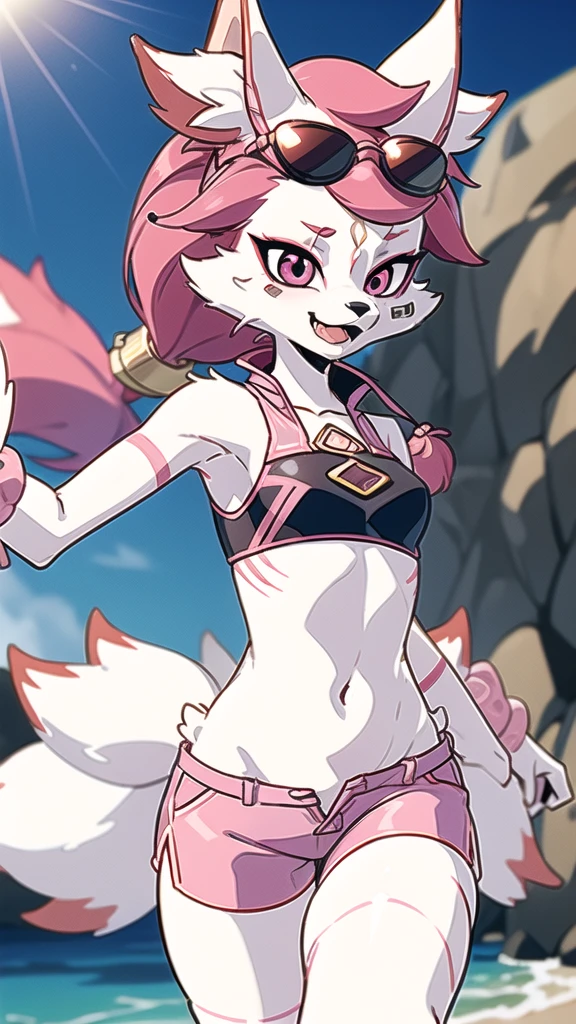 Kimiko Five-Tails, furry female anthro, fox girl, white body fur, pink hair, ((sunglasses, pink shirt and knot in middle, blue shorts)), small breasts, detailed body fur, detailed body, detailed face, detailed eyes, glistering body, shiny body, skinny, :3, multiple tails, multi tail, solo, body fur, (best quality), cinematic lighting, anime style, short ponytail, scar on the eye, 2D, beach, clear sky, solo,