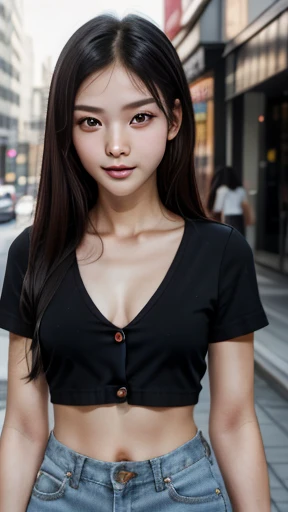 Tabletop, (Top Quality), (Masterpiece) Realistic, realistic, highly detailed, finely detailed, high resolution, 8k wallpaper,,anatomically correct body,symmetrical eyes, one cute girl, (Korean woman: 1.4), (13 years old: 1.4), (Black hair: 1.3), (Straight long hair: 1.4), (Skinny: 1.3), 150cm tall, she is short, T-shirt, sharp focus, perfect dynamic composition, fine and beautiful eyes, slim body, (Small chest: 1.4), (Small chest: 1.4), (Small chest: 1.4), (Small chest: 1.4), Thin hair, Detailed and realistic skin texture, smiling, standing pose,( Bust Shot: 1.4),Summer park,Bright sunlight