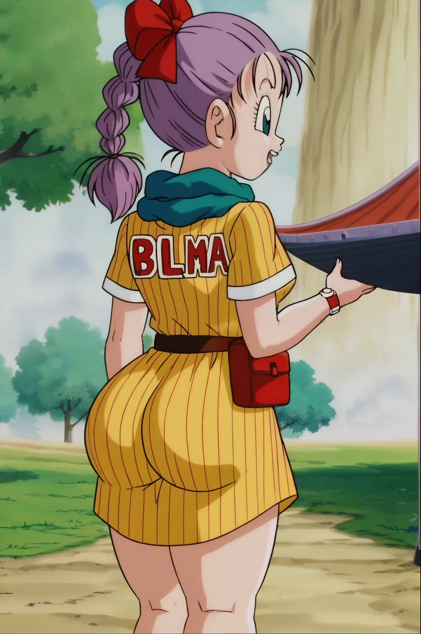 source_anime, score_9, score_8_up, score_7_up, anime screencap, massive booty, thicc, bent over, ass slightly showing, skirt,
bulma, 1girl, solo, open mouth, blue eyes, holding, hair bow, purple hair, outdoors, dragon ball, looking back, from behind, scarf, tree, wristwatch, clothes writing, watch, braided ponytail, yellow vertical-striped dress, bend over, (bending over to grab dragon ball), large butt, big ass, thick thighs, wide hips, small breasts, curvy,
 