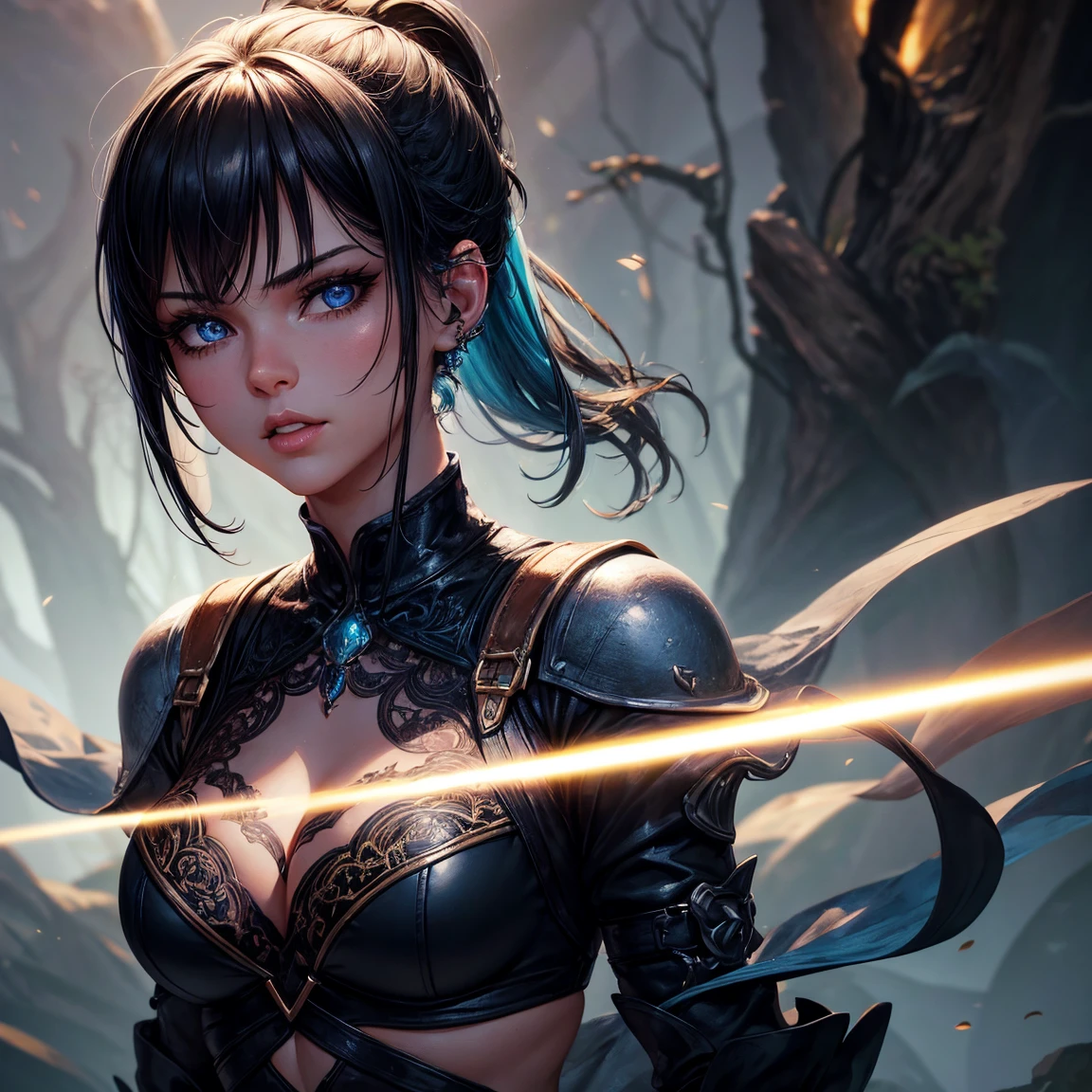 a young girl, 1girl!!!, light blue short ponytail hair, without breasts, blue eyes, happy face, little black tight top, little black tight shorts, full body, dark forest, incredibly sexy body, detailed face, beautiful detailed eyes, beautiful detailed lips, extremely detailed eyes and face, long eyelashes, intricate details, highly detailed, photo realistic, 8k, best quality, masterpiece, cinematic lighting, dramatic lighting, vibrant colors, fantasy, digital art, concept art