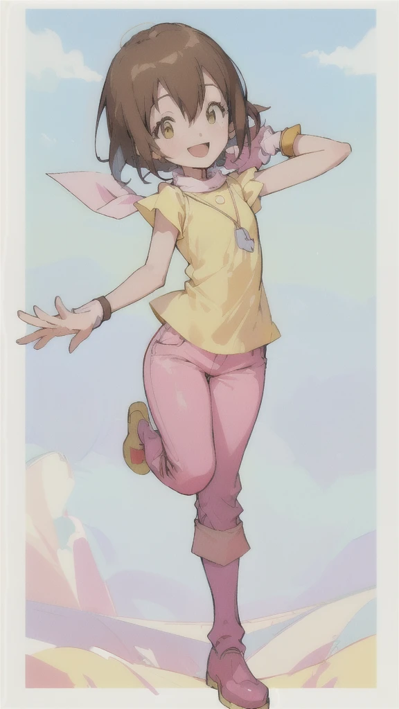 Top quality, masterpiece, high resolution, details, Top quality, masterpiece, high resolution, details, perfect anatomy, (cute girl), smiling, HikariDigi, open mouth, yellow sleveless shirt, pink pants, rubber boots, shoes, sky, solo,Background is blue sky, upper body、Kindergartener,