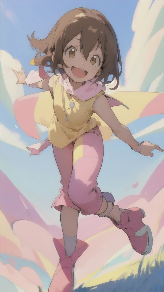 Top quality, masterpiece, high resolution, details, Top quality, masterpiece, high resolution, details, perfect anatomy, (cute girl), smiling, HikariDigi, open mouth, yellow sleveless shirt, pink pants, rubber boots, shoes, sky, solo,Background is blue sky, upper body、ergartener, 