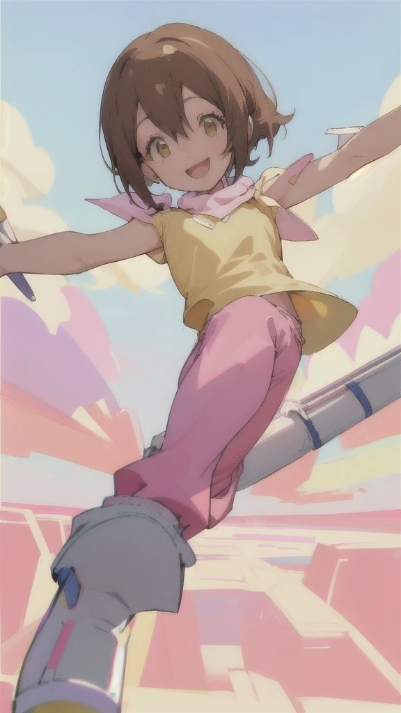 Top quality, masterpiece, high resolution, details, Top quality, masterpiece, high resolution, details, perfect anatomy, (cute girl), smiling, HikariDigi, open mouth, yellow sleveless shirt, pink pants, rubber boots, shoes, sky, solo,Background is blue sky, upper body、ergartener, 