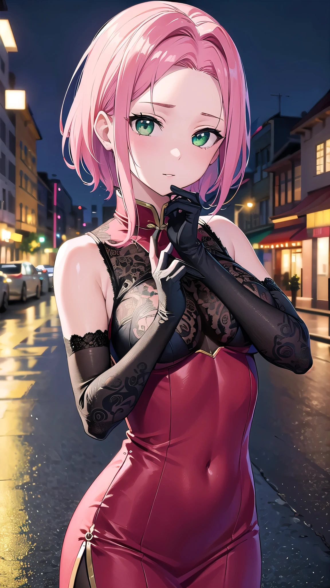 sakuraharuno, sakura haruno, short hair, (green eyes:1.5), pink hair, headband, hair intakes, forehead protector, parted bangs, (medium breast:1.4),
BREAK shirt,lace gloves,chinese dress,sleeveless, black gloves, red dress,lace bra, cleavege,stockings,
BREAK looking at viewer,
BREAK outdoors, city, night, in street, wet road, lights, reflections,
BREAK (masterpiece:1.2), best quality, high resolution, unity 8k wallpaper, (illustration:0.8), (beautiful detailed eyes:1.6), extremely detailed face, perfect lighting, extremely detailed CG, (perfect hands, perfect anatomy), upper body shot,from above.