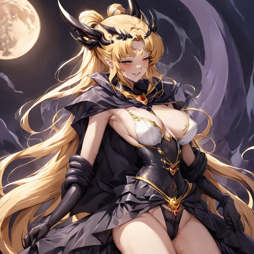 ((Highest quality)), ((masterpiece)), (detailed), (Perfect Face)、The woman is having sex with the majestic and powerful demon king Demande.、The woman is a dark queen with a black inverted crescent moon mark on her forehead, wearing a gorgeous, glittering black Gothic Victorian dress, a black veil, and a black see-through cape, as well as luxurious jeweled accessories.、The man is Demand, the dignified, evil, and powerful silver-haired demon king.、The Demon King of the Black Moon and the Dark Queen of the Black Moon having sex and making love、The woman is Black Serenity, the noble dark queen of the Black Moon clan and has blonde hair.2The woman with long hair tied up is Princess Serenity、A woman is embracing and having sex with a strong and evil demon king man.、The man is a strong and evil demon king who is embracing the woman and having sex with her.