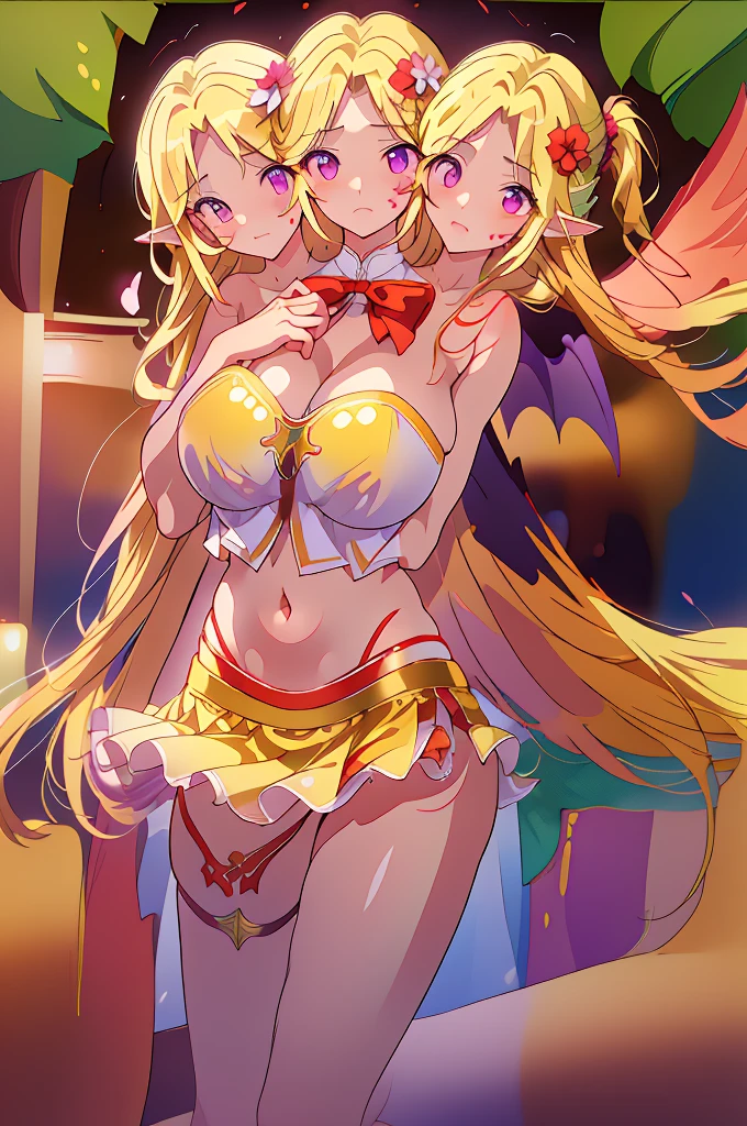 (masterpiece, best quality), best quality, (ultra-detailed), (3heads:1.5), 1girl, (elis:1.3), masterpiece, best quality, ultra quality, ultra resolution, ultra detail, white top, crop top, ((stomach)), midriff, ((groin)), red skirt with strange purple markings along its hem, miniskirt, normal ears, midriff, blonde hair, very long hair, wavy hair, sidelocks, purple eyes, parted lips, sweat, cute, toned belly, hand on own chest, eyelashes, (25 year old woman:1.3), (masterpiece:1.5), (best quality:1.5), (beautiful detailed), extremely detailed CG, extremely delicate and beautiful, depth of field, (finely detailed face), (perfect details:1.2), (mature female:1.3), wide pelvis, slender, large veiny breast, 16k resolution, highres, very high quality, very high definition, extremely detailed, masterpiece, blonde long hair, alluring presence, twin braid, short skirt, close up, very big tits, huge tits, young, red bow, purple bat wings, nsfw, open belly,