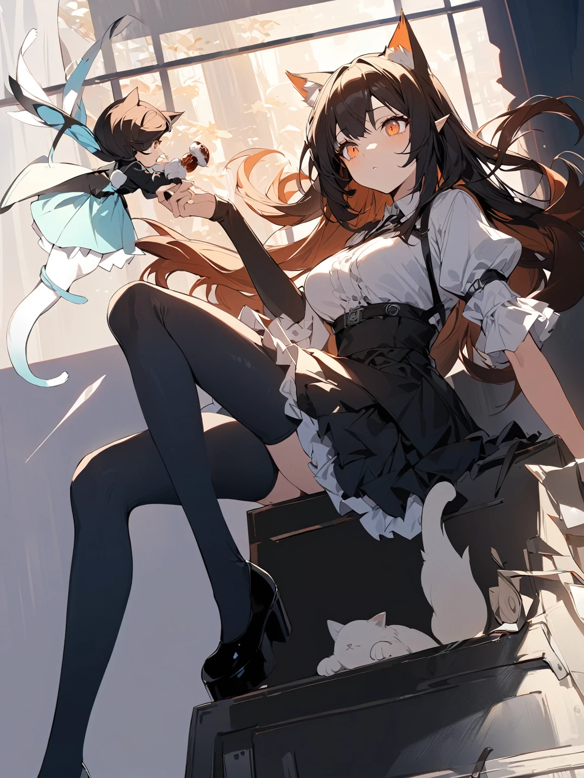 Slender anime girl，Black long hair，Bright orange eyes，Cat Ears Female Outfit，Black long sleeve，Sitting on the cupboard with legs crossed，There was a white elf holding a dessert flying beside her.，Arknights style，Light and shadow，masterpiece，Beautiful illustration wallpaper。