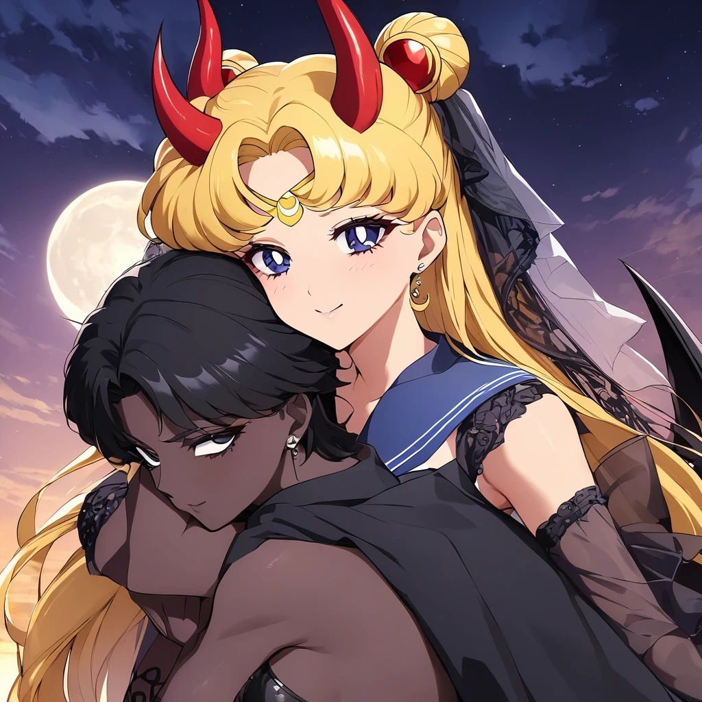((Highest quality)), ((masterpiece)), (detailed), （Perfect Face）、The woman is a naked Queen Serenity, being held by a strong demon and having sex with him, inserting his penis into her pussy and ejaculating a large amount.、The woman is the elegant Queen Serenity of the Black Moon Clan, with blonde hair.２With her long hair tied up, she is Queen Serenity、The man is a strong devil who holds the woman in his arms, inserts his penis into her pussy, and ejaculates a large amount while having sex with her, loving her.