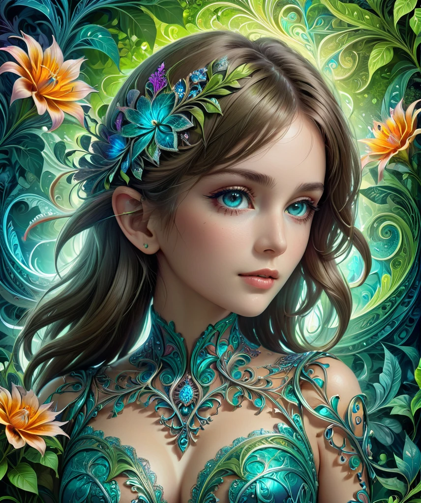 (masterpiece, top quality, top quality, official art, Beautiful、aesthetic:1.2), (1 girl), Very detailed,(fractal art:1.3),Colorful,The most detailed, Background with fractals and various details of flowers and greenery