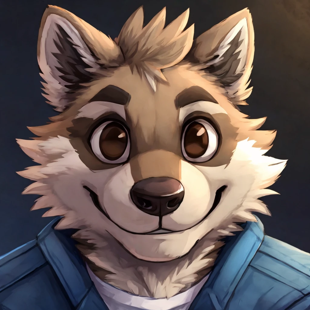 headshot of a grey anthropomorphic raccoon, closed smile, brown eyes, he's dressed with a blue jacket, high quality furry art, high quality fursona ref.