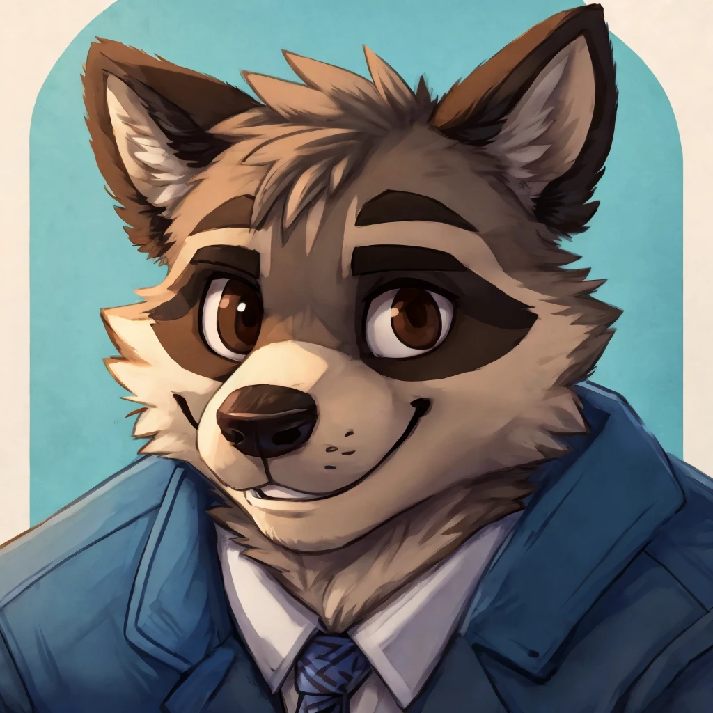 headshot of a grey anthropomorphic raccoon, closed smile, brown eyes, he's dressed with a blue jacket, high quality furry art, high quality fursona ref.